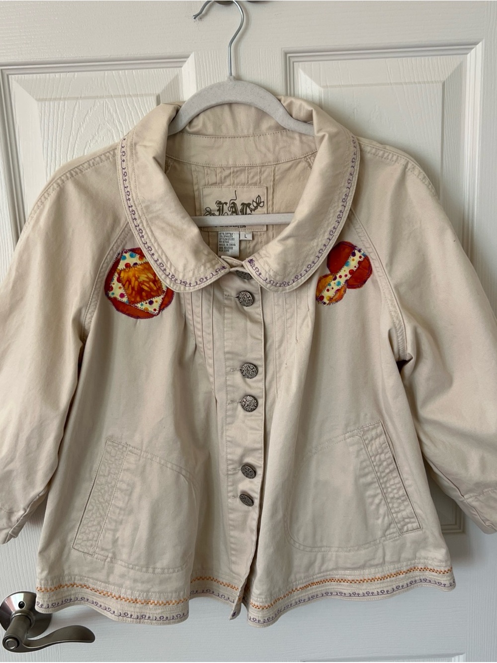 Women’s Cream Embroidered Jacket with Colorful Patch Details Size L Button Up
